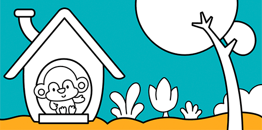 Disegni didattici online da colorare per bambini piccoli: La scimmietta e la sua casetta